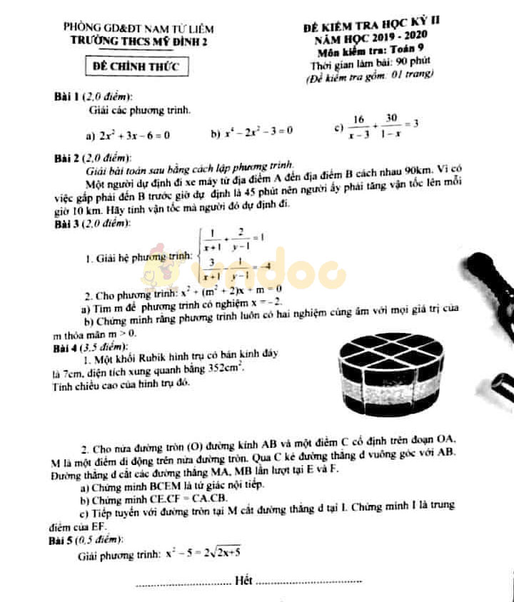 Đề thi học kì 2 lớp 9 môn Toán Trường THCS Mỹ Đình 2, Nam Từ Liêm năm học 2019 - 2020