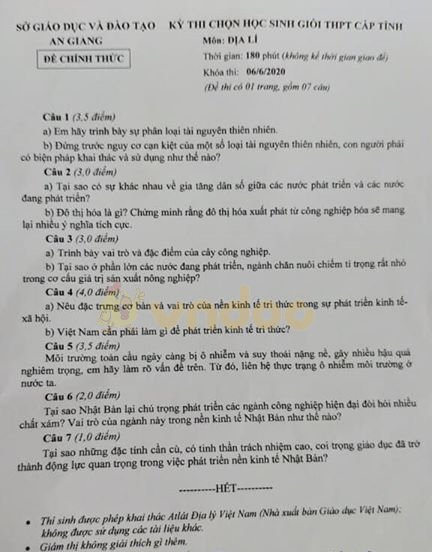 Đề thi học sinh giỏi cấp tỉnh lớp 9 môn Địa lý Sở GD&ĐT An Giang năm học 2019 - 2020
