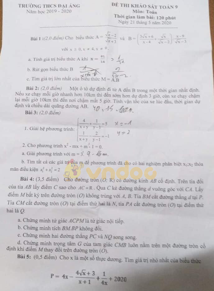 Đề thi KSCL lớp 9 môn Toán Trường THCS Đại Áng, Thanh Trì năm học 2019 - 2020