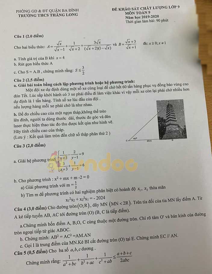 Đề thi KSCL lớp 9 môn Toán Trường THCS Thăng Long, Ba Đình năm học 2019 - 2020