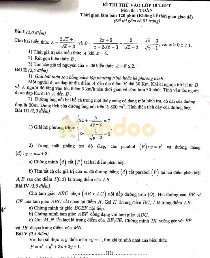 Đề thi thử vào lớp 10 môn Toán Trường THPT Trần Nhân Tông, Hai Bà Trưng năm học 2020 - 2021