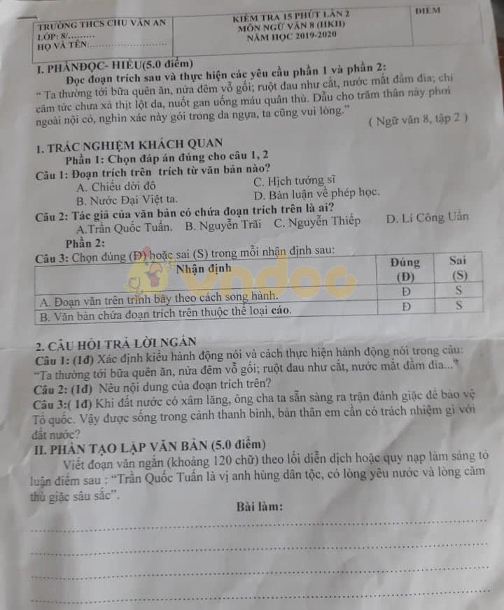 Đề kiểm tra 15 phút học kì 2 lớp 8 môn Ngữ văn trường THCS Chu Văn An năm học 2019 - 2020 (lần 2)