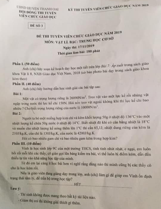 Đề thi giáo viên THCS môn vật lý