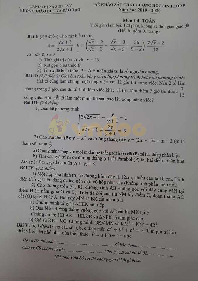 Đề thi KSCL lớp 9 môn Toán Phòng GD&ĐT Sơn Tây năm học 2019 - 2020