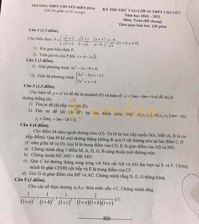 Đề thi thử vào lớp 10 môn Toán Trường THPT Chuyên Biên Hòa năm học 2020 - 2021