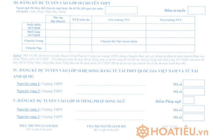 Phiếu đăng ký dự tuyển vào lớp 10