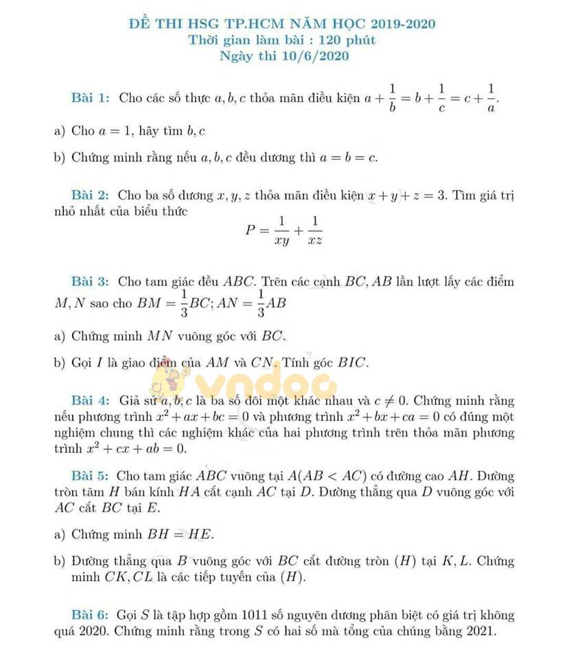 Đề thi chọn học sinh giỏi lớp 9 môn Toán Sở GD&ĐT Thành phố Hồ Chí Minh năm học 2019 - 2020