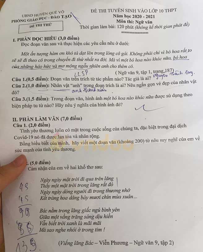 Đề thi học kì 2 lớp 10 môn Ngữ văn Phòng GD&ĐT Quế Võ năm học 2019 - 2020