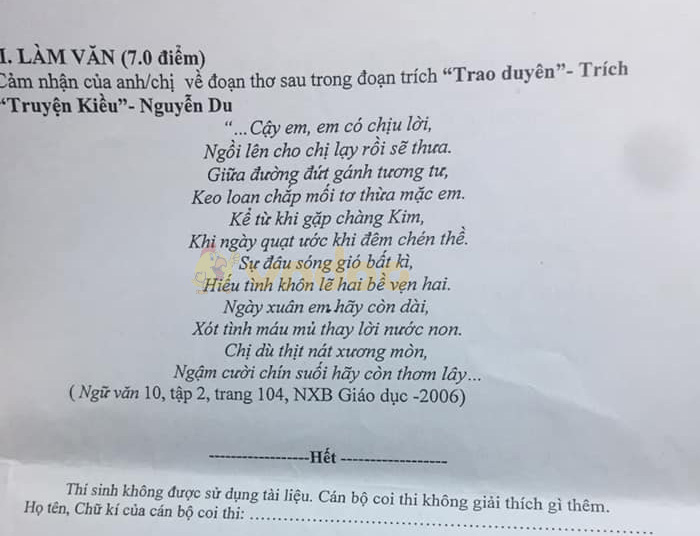 Đề thi học kì 2 lớp 10 môn Ngữ văn Trường THPT Trần Nguyên Hãn, Hải Phòng năm học 2019 - 2020