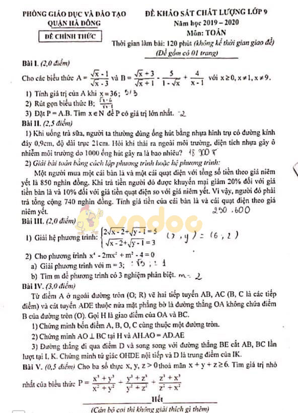 Đề thi khảo sát chất lượng lớp 9 môn Toán Phòng GD&ĐT Hà Đông năm học 2019 - 2020