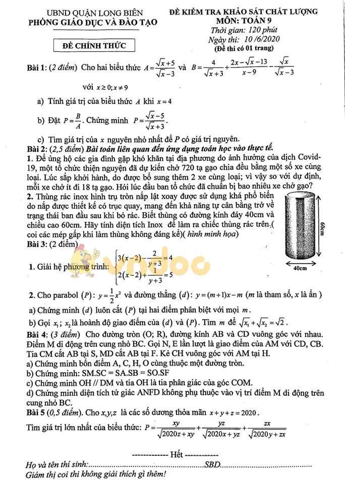 Đề thi khảo sát chất lượng lớp 9 môn Toán Phòng GD&ĐT Long Biên năm học 2019 - 2020