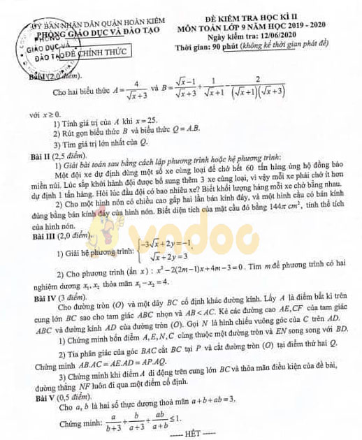 Đề thi học kì 2 lớp 9 môn Toán Phòng GD&ĐT Phòng Hoàn Kiếm năm học 2019 - 2020