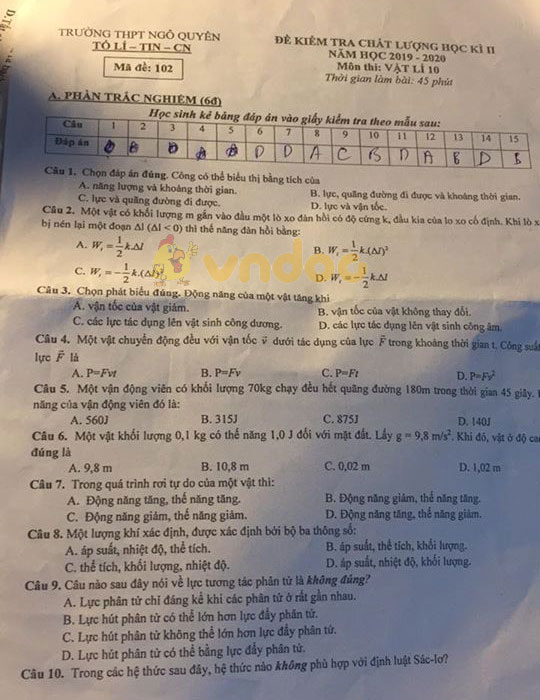 Đề thi học kì 2 lớp 9 môn Toán Trường THPT Ngô Quyền năm học 2019 - 2020