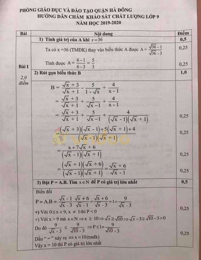Đề thi khảo sát chất lượng lớp 9 môn Toán Phòng GD&ĐT Hà Đông năm học 2019 - 2020