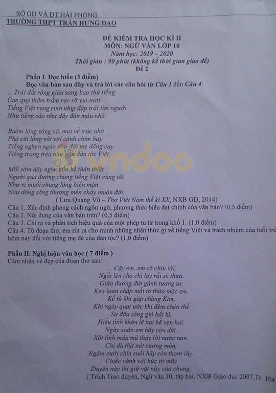 Đề thi học kì 2 lớp 10 môn Ngữ văn Trường THPT Trần Hưng Đạo, Hải Phòng năm học 2019 - 2020 (Đề 2)