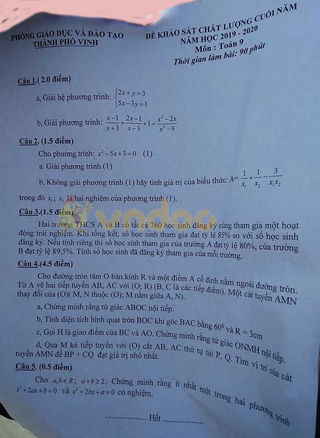 Đề thi học kì 2 lớp 9 môn Toán Phòng GD&ĐT Thành phố Vinh năm học 2019 - 2020