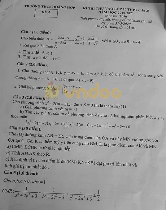 Đề thi thử vào lớp 10 môn Toán Trường THCS Hoằng Hợp, Thanh Hóa năm học 2020 - 2021 (lần 2)
