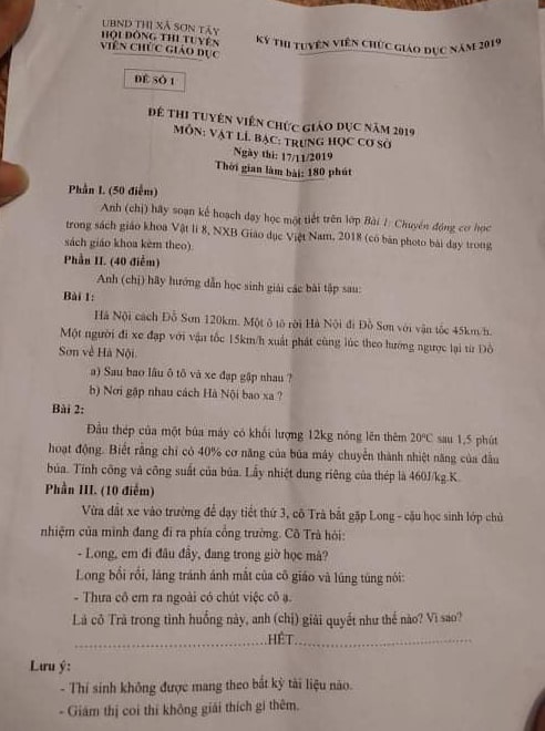 Đề thi viên chức giáo viên Vật Lý THCS