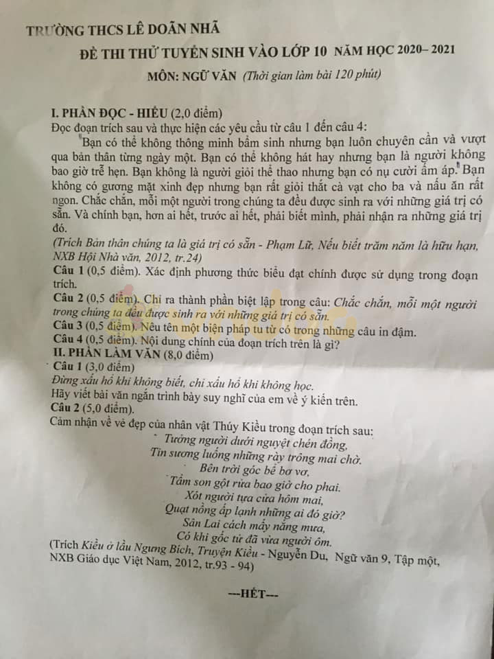 Đề thi thử vào lớp 10 môn Ngữ văn Trường THCS Lê Doãn Nhã năm học 2020 - 2021