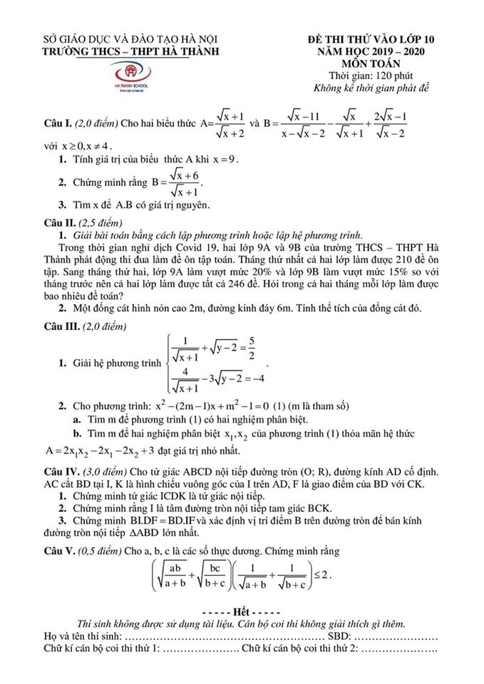 Đề thi thử vào lớp 10 môn Toán Trường THCS và THPT Hà Thành, Hà Nội năm học 2019 - 2020