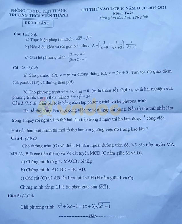 Đề thi thử vào lớp 10 môn Toán Trường THCS Viên Thành năm học 2020 - 2021