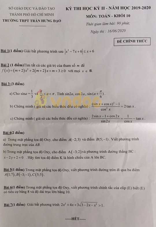 Đề thi học kì 2 lớp 10 môn Toán Trường THPT Trần Hưng Đạo, TPHCM năm 2019 - 2020
