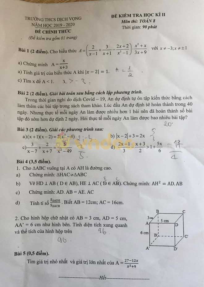 Đề thi học kì 2 lớp 8 môn Toán Trường THCS Dịch Vọng năm học 2019 - 2020