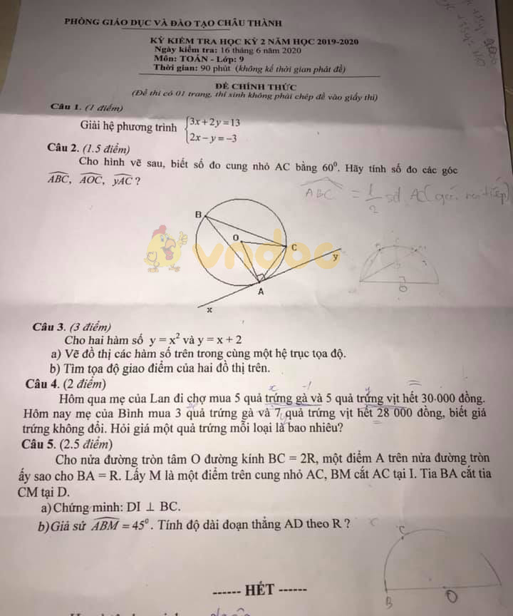 Đề thi học kì 2 lớp 9 môn Toán Phòng GD&ĐT Châu Thành năm học 2019 - 2020