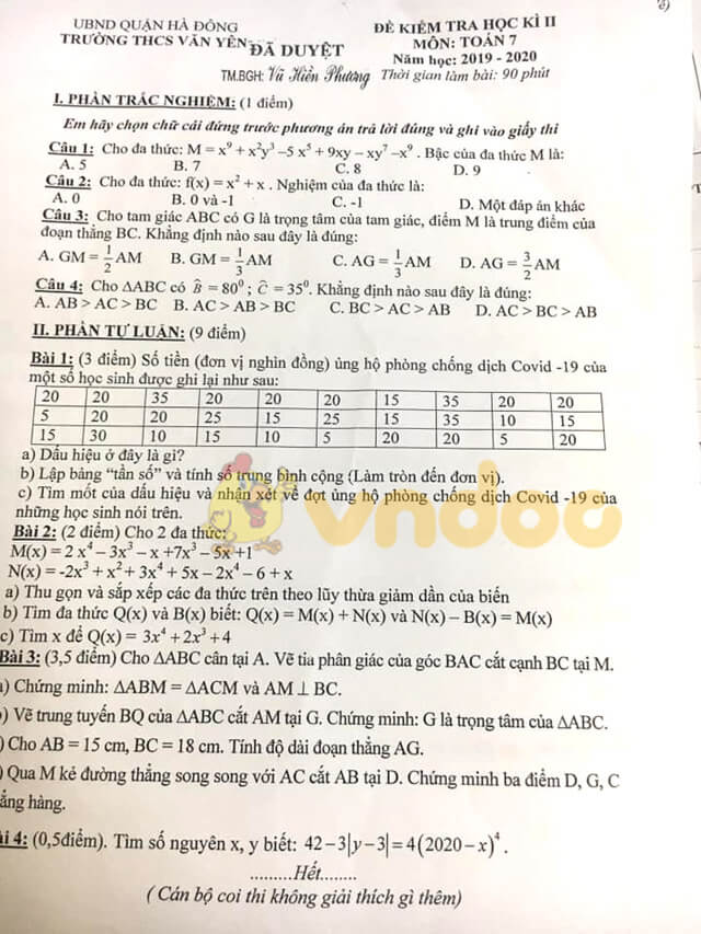 Đề thi học kì 2 Toán 7