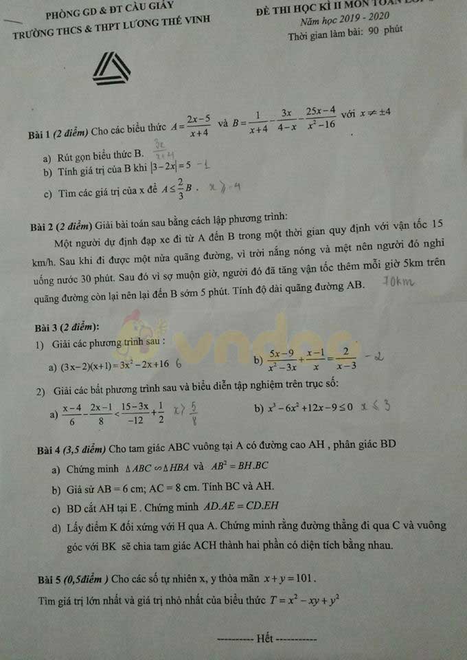 Đề thi Toán lớp 8 học kì 2 năm 2020 Trường THCS & THPT Lương Thế Vinh, Cầu Giấy