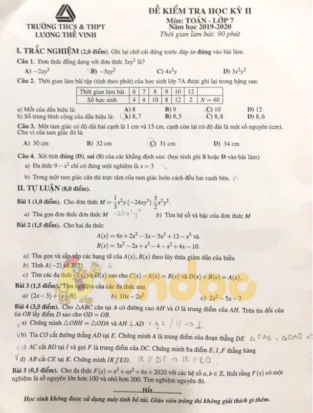 Đề thi học kì 2 Toán 7