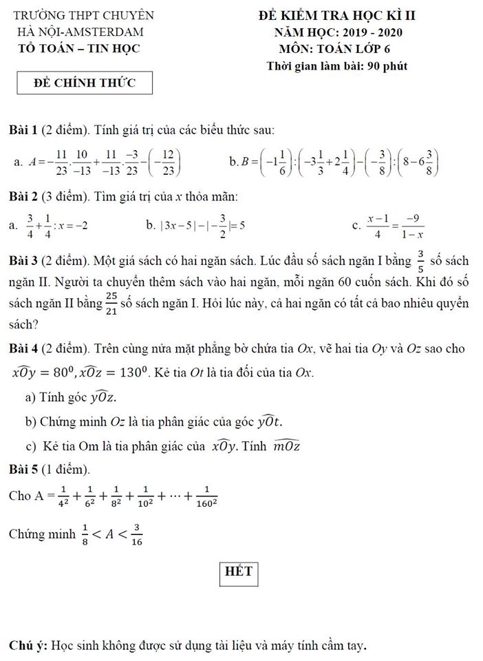 Đề thi học kì 2 lớp 6 môn Toán