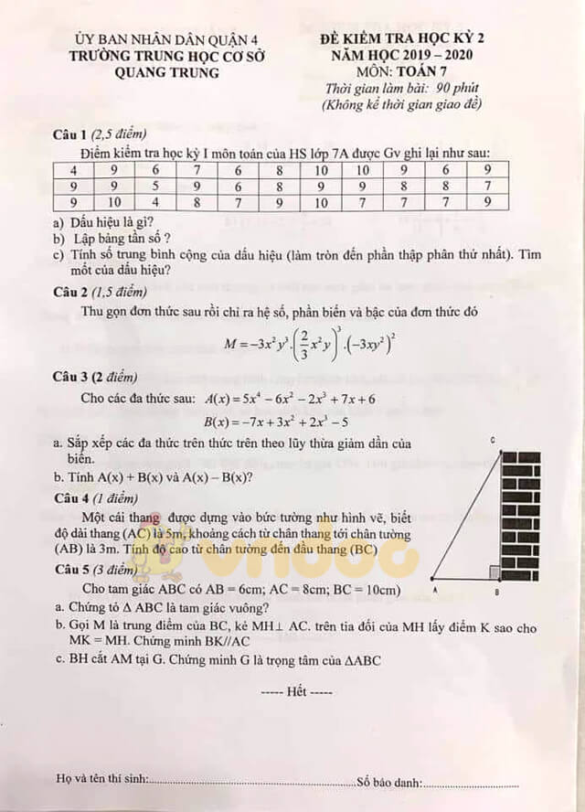 Đề thi học kì 2 Toán 7