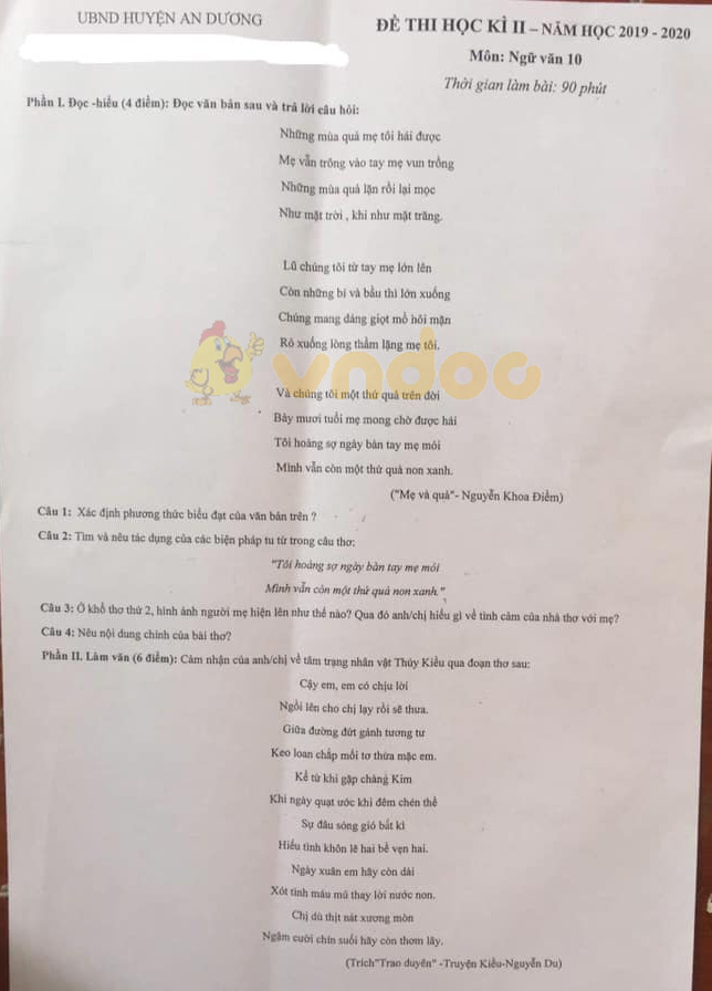 Đề thi học kì 2 lớp 10 môn Ngữ văn Phòng GD&ĐT huyện An Dương năm 2019 - 2020