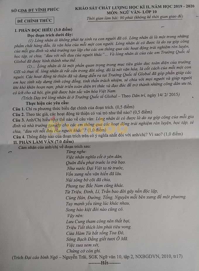 Đề thi học kì 2 lớp 10 môn Ngữ văn Sở GD&ĐT Vĩnh Phúc năm 2019 - 2020