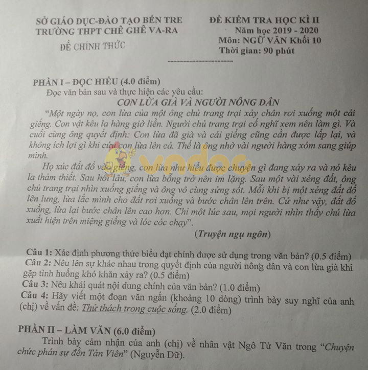 Đề thi học kì 2 lớp 10 môn Ngữ văn Trường THPT Chê Ghê Va Ra, Bến Tre năm 2019 - 2020