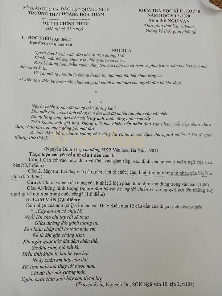 Đề thi học kì 2 lớp 10 môn Ngữ văn Trường THPT Hoàng Hoa Thám, Quảng Ninh năm 2019 - 2020