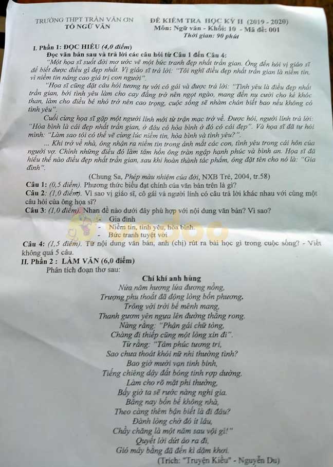 Đề thi học kì 2 lớp 10 môn Ngữ văn Trường THPT Trần Văn Ơn năm 2019 - 2020