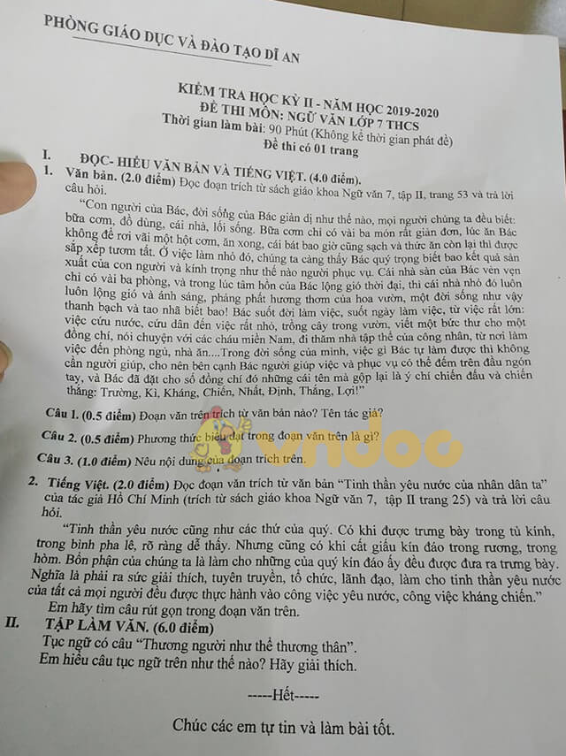 Đề thi Văn lớp 7 học kì 2 năm 2020