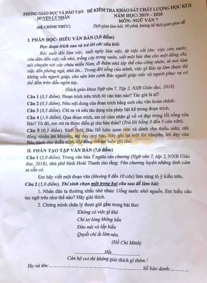 Đề thi Văn lớp 7 học kì 2 năm 2020