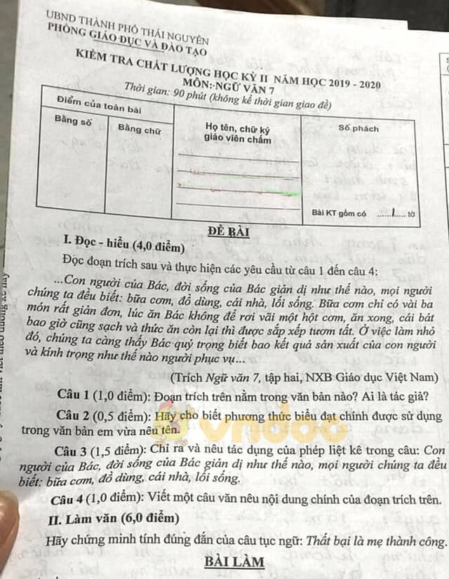 Đề thi Văn lớp 7 học kì 2 năm 2020