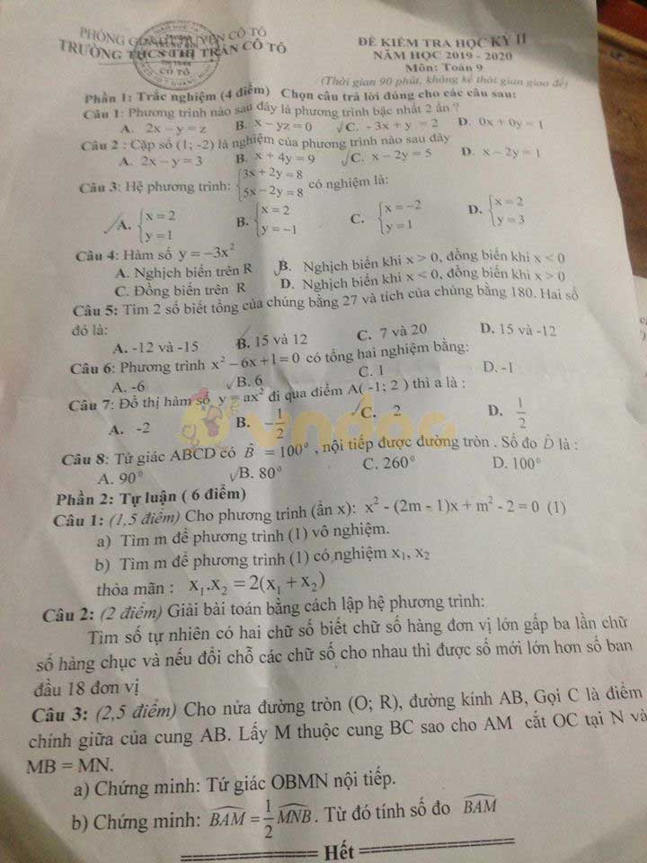 Đề thi học kì 2 lớp 9 môn Toán Trường THCS thị trấn Cô Tô năm học 2019 - 2020