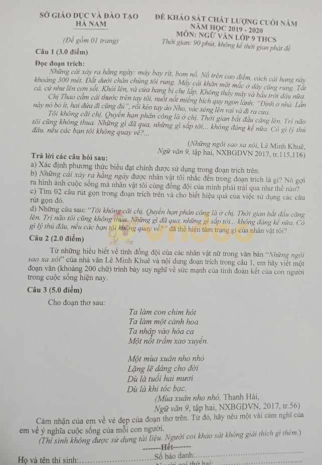 Đề thi học kì 2 lớp 9 môn Văn Sở GD&ĐT Hà Nam năm học 2019 - 2020