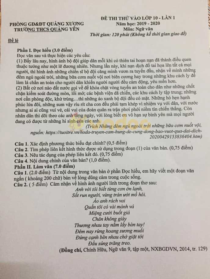 Đề thi thử vào lớp 10 môn Ngữ văn Trường THCS Quảng Yên năm 2020
