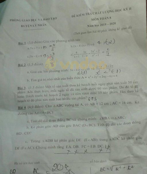 Đề thi Toán lớp 8 học kì 2 năm 2020 Phòng GD&ĐT huyện Lý Nhân