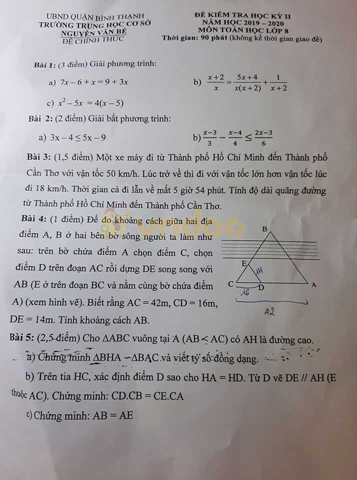 Đề thi Toán lớp 8 học kì 2 năm 2020 Trường THCS Nguyễn Văn Bé, Bình Thạnh