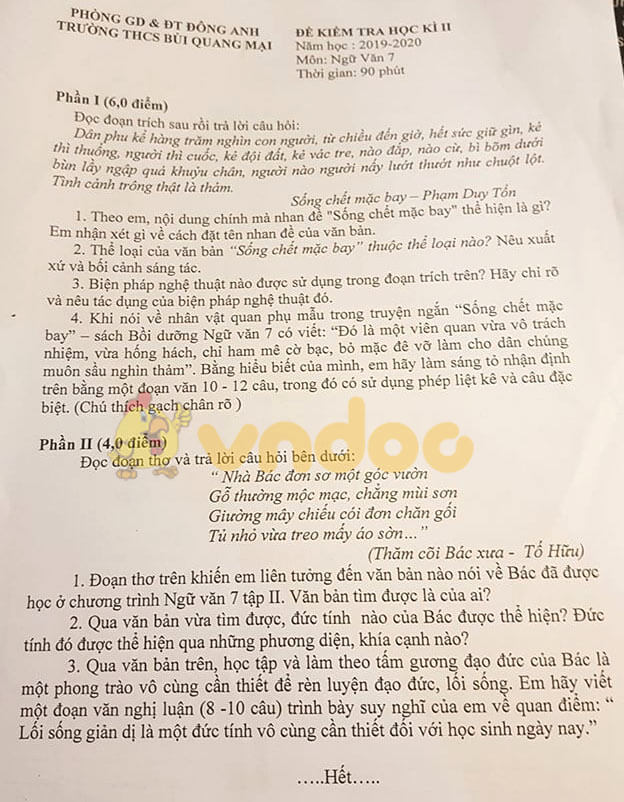 Đề thi Văn lớp 7 học kì 2 năm 2020