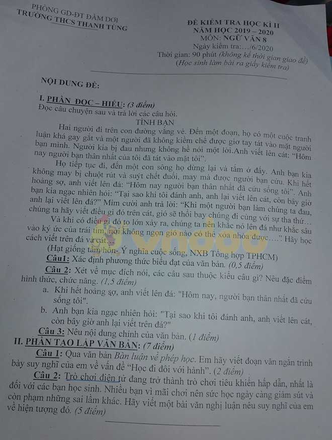 Đề thi Văn lớp 8 học kì 2 năm 2020 Trường THCS Thanh Tùng, Đầm Dơi