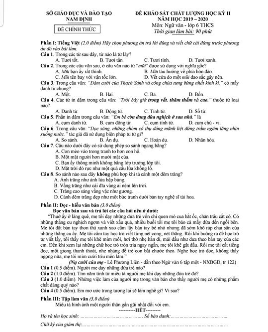 Đề thi học kì 2 lớp 6 môn Ngữ Văn