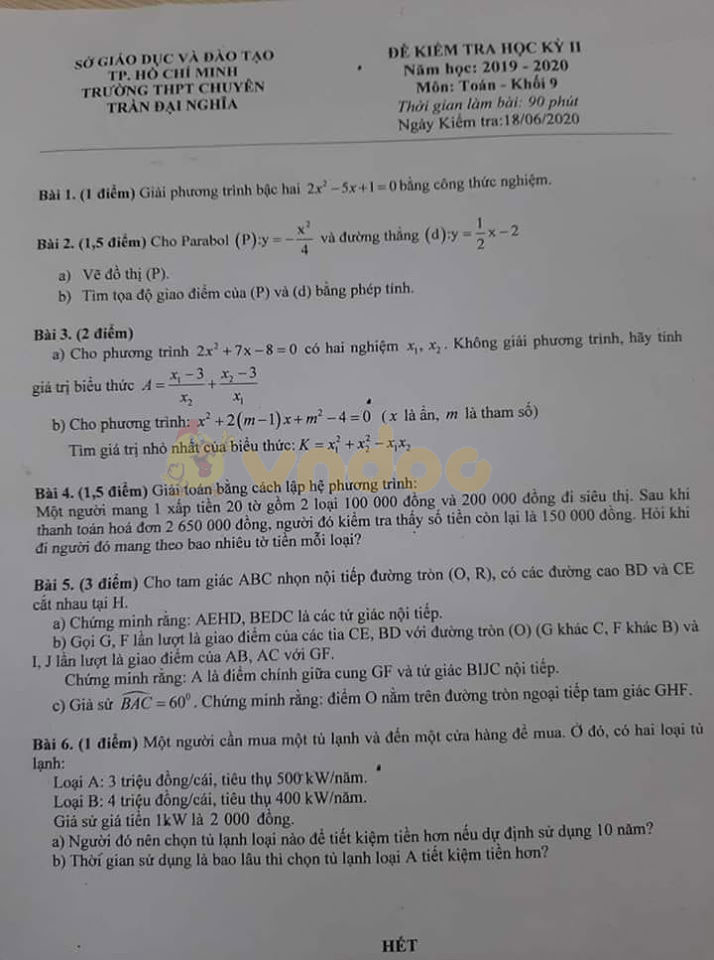 Đề thi học kì 2 lớp 9 môn Toán Trường THPT chuyên Trần Đại Nghĩa, TPHCM năm học 2019 - 2020